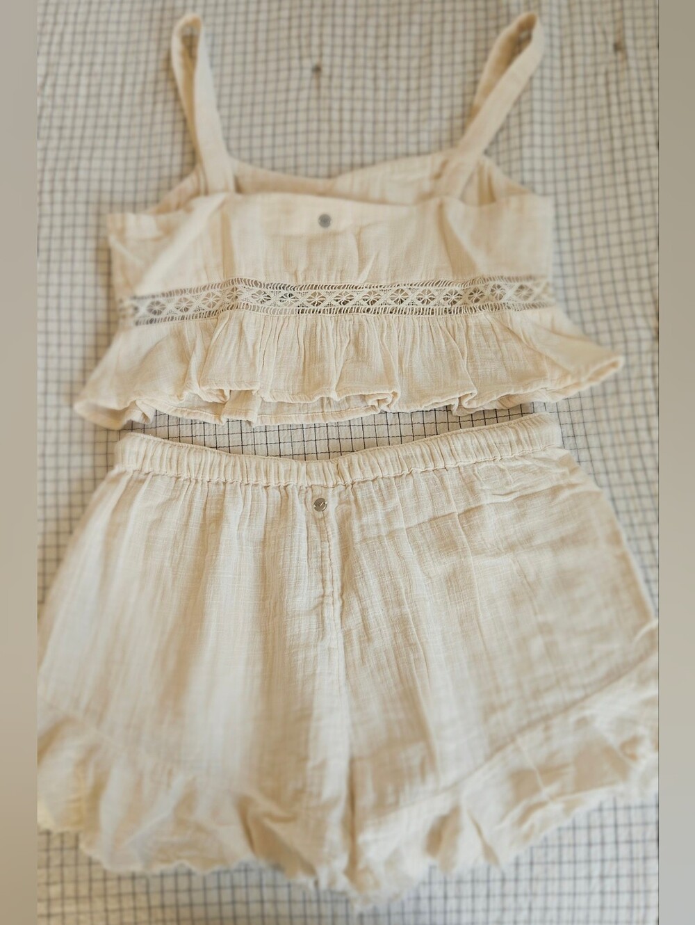 Roxy Cream Two-Piece Ruffled Tank & Drawstring Shorts Set - Picture 2 of 7